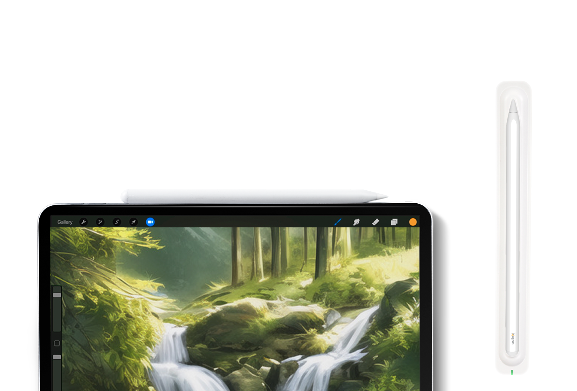 The Bluetooth magnetic stylus is sucked on the ipad and placed on the charging compartment