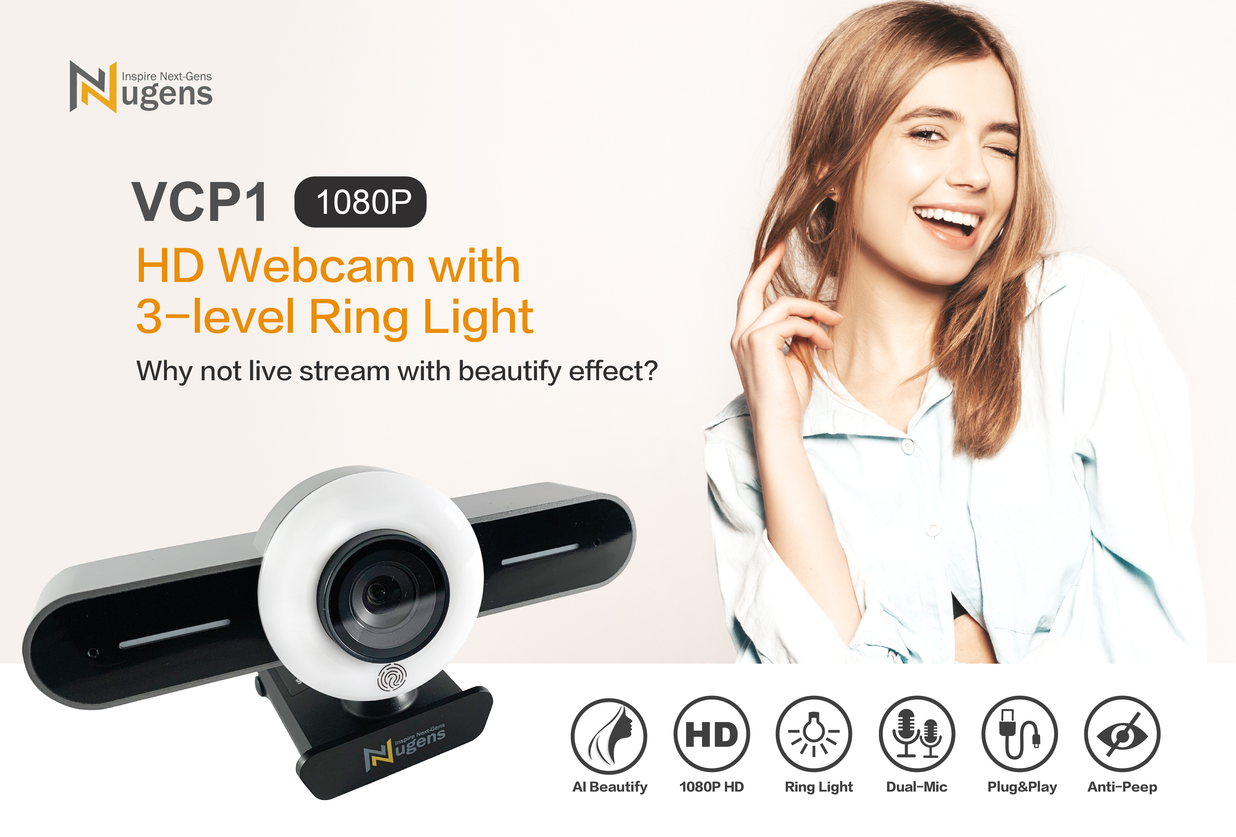 VCP1 HD Webcam with 3-level Ring Light Visual Design